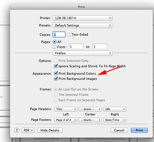 print settings for firefox on a mac